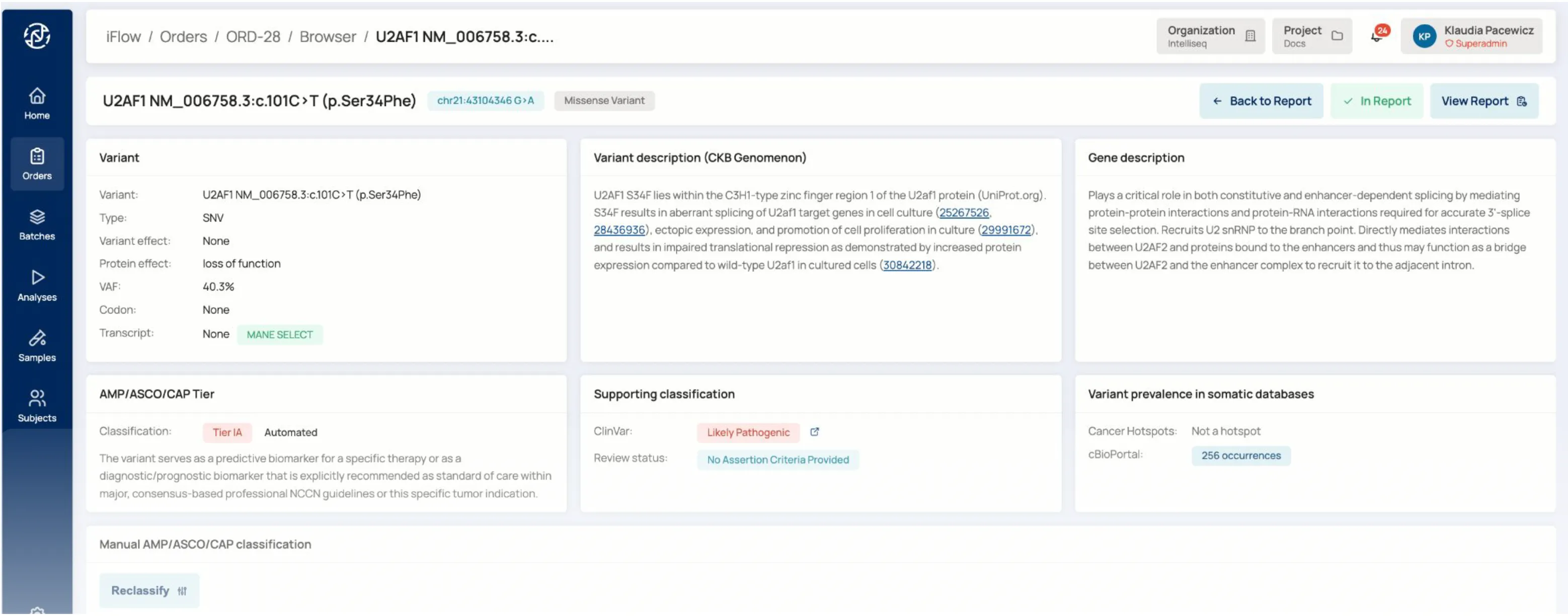 The VariantMINER workspace, showing a variant's classification, evidence from external databases and gene description side by side