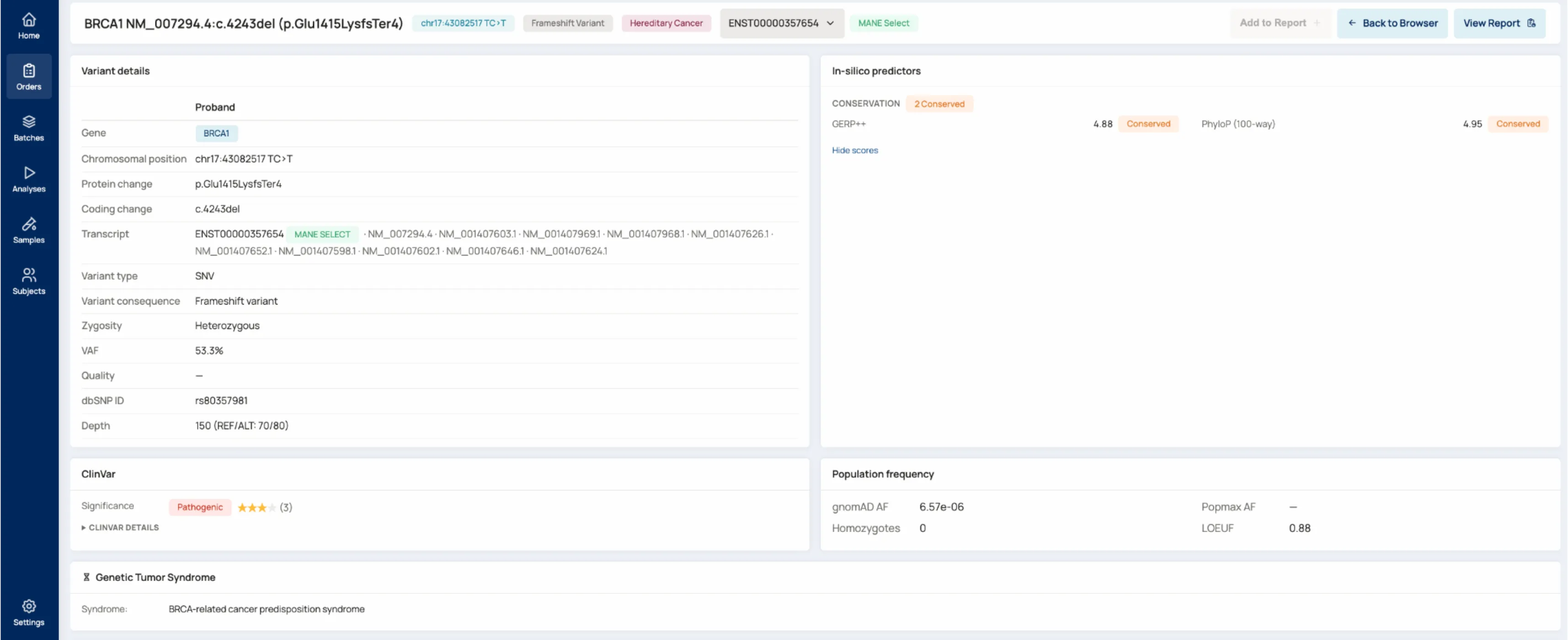A VariantMINER variant detail view for a BRCA1 frameshift variant, showing its ClinVar pathogenic classification, in-silico predictors and population frequency