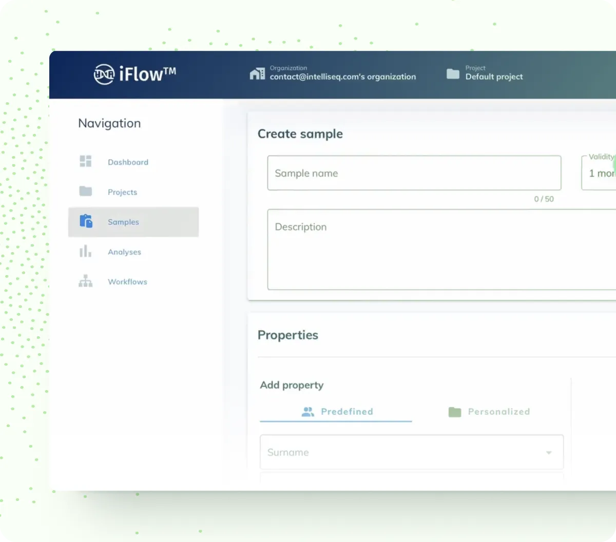 The iFlow™ Platform’s Create sample screen, with navigation for dashboard, projects, samples, analyses and workflows