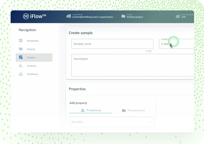 The iFlow™ Platform’s Create sample screen, with navigation for dashboard, projects, samples, analyses and workflows